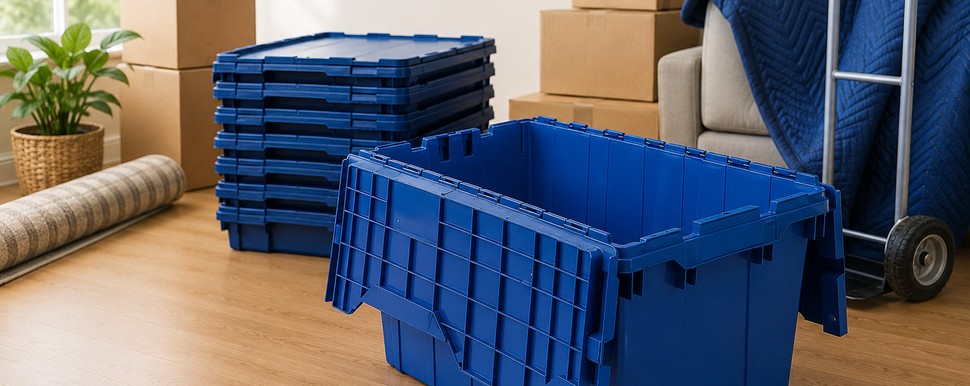Stacked reusable moving bins